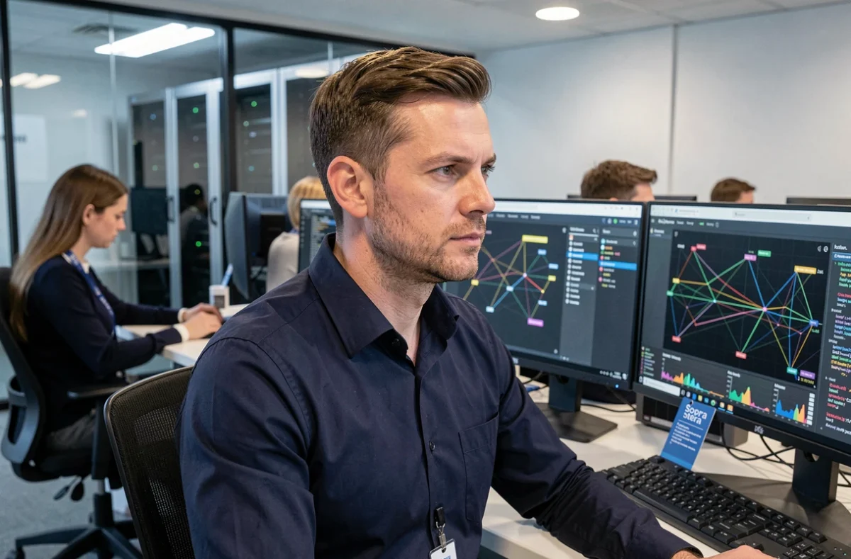 Analyste cybersécurité masculin concentré devant plusieurs écrans affichant des tableaux de bord de sécurité réseau dans les bureaux Sopra Steria à Cesson-Sévigné.