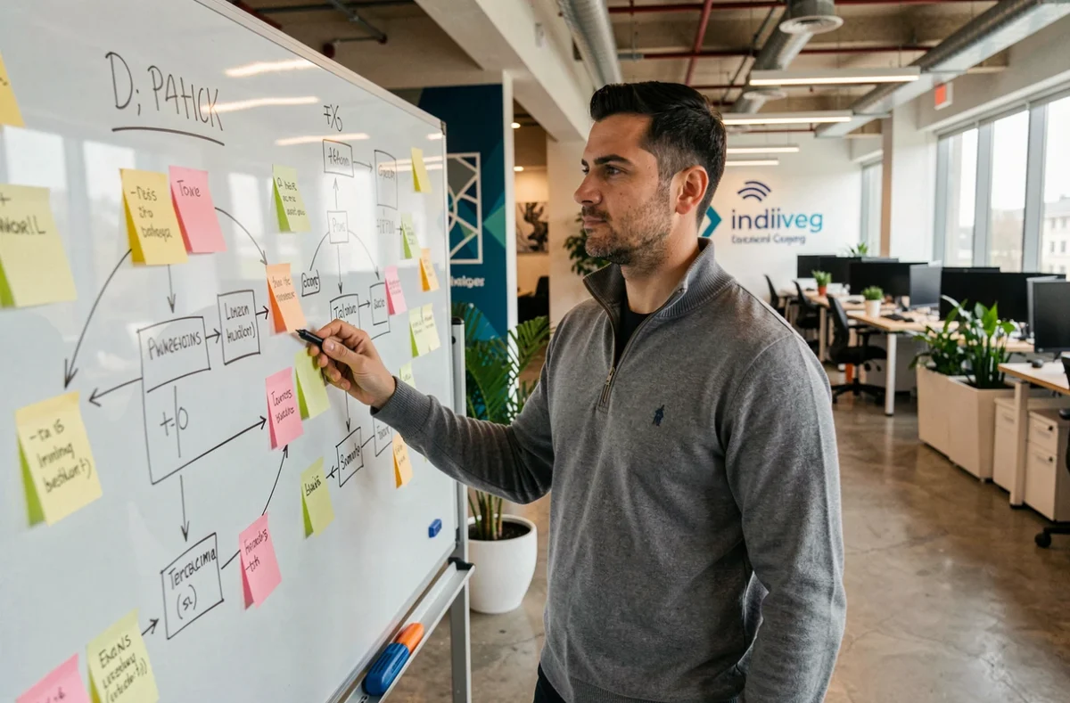 Ingénieur logiciel de Sopra Steria Group devant un tableau d'architecture logicielle dans un open space moderne