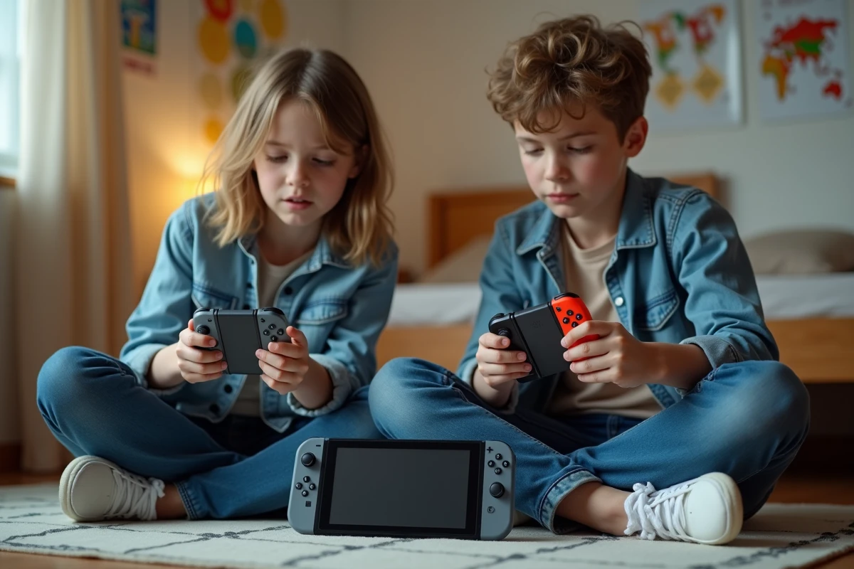 Deux adolescents assis par terre dans une chambre tentant de synchroniser leurs manettes Joy-Con Nintendo Switch en mode portable