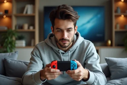 Jeune homme en sweat gris tenant une manette Joy-Con Nintendo Switch et examinant ses réglages dans un salon moderne