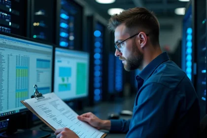 Technicien informatique vérifiant une check-list avant la mise hors service d'un Personal vDisk en salle des serveurs