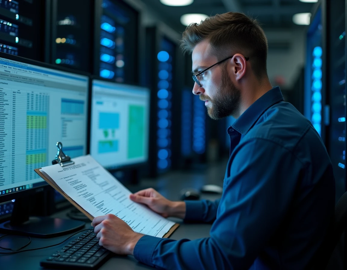 Technicien informatique vérifiant une check-list avant la mise hors service d'un Personal vDisk en salle des serveurs