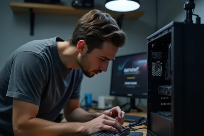 Technicien connectant un clavier USB sur une carte m&egrave;re AORUS pour acc&eacute;der au BIOS au d&eacute;marrage