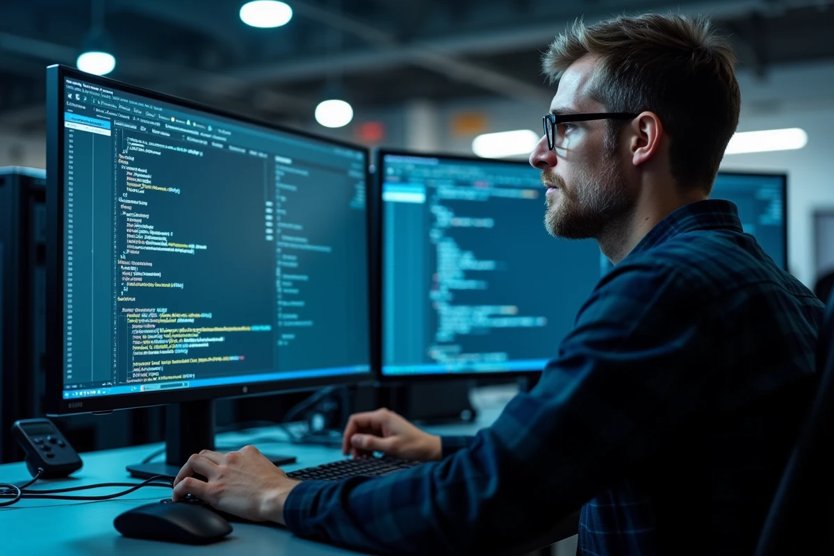 Technicien informatique configurant un VPN sur un poste de travail multi-écrans pour contourner un accès à un site introuvable