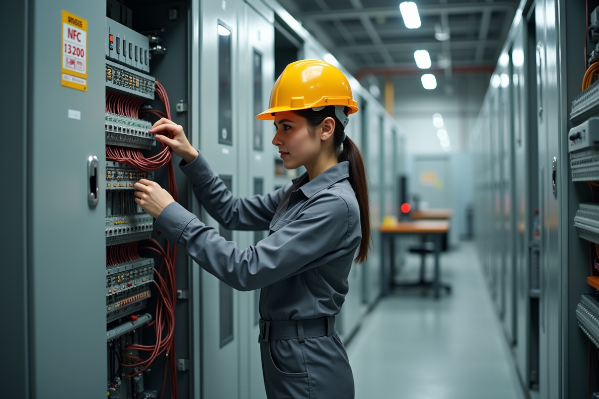 Technicienne en uniforme vérifie un panneau électrique NFC 13/200