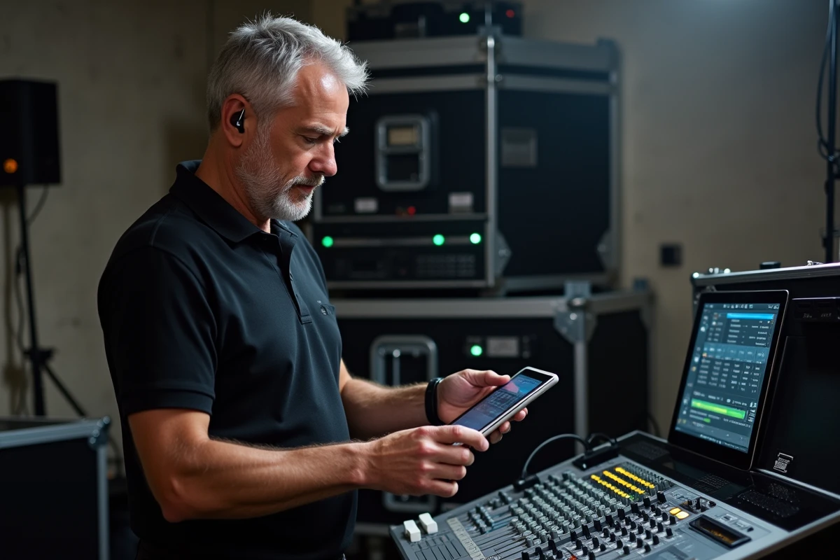 Technicien son en coulisses rappelant des scènes PreSonus via Virtual StudioLive sur une tablette lors d'un événement live