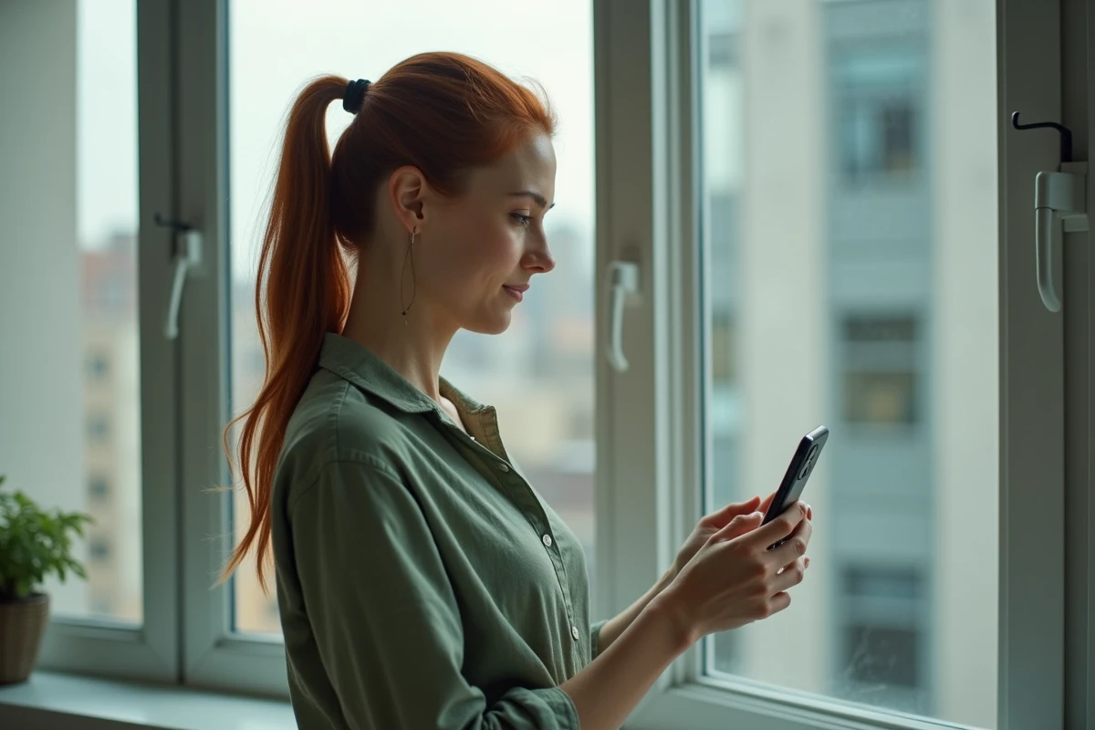 Femme testant l'appareil photo de l'iPhone 16 face à un iPhone 15 Pro posé sur un rebord de fenêtre