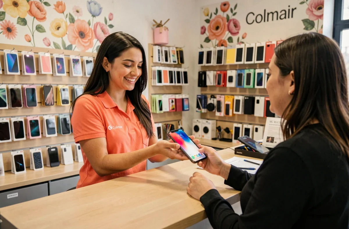 Technicienne de Tulipe Mobile à Colmar remettant un smartphone réparé à un client satisfait dans la boutique