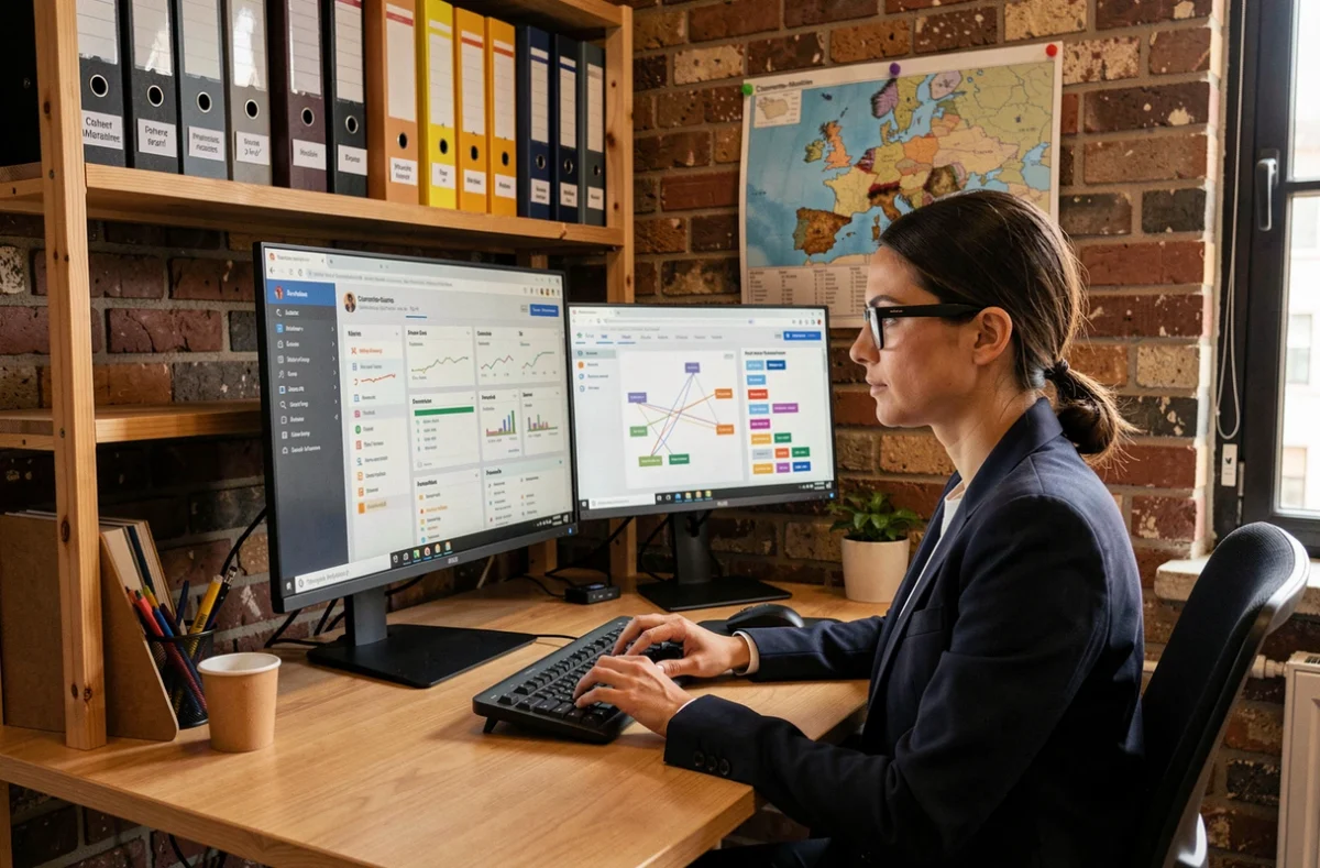Cheffe de projet VFLIT analysant un tableau de bord infrastructure dans un bureau startup organisé