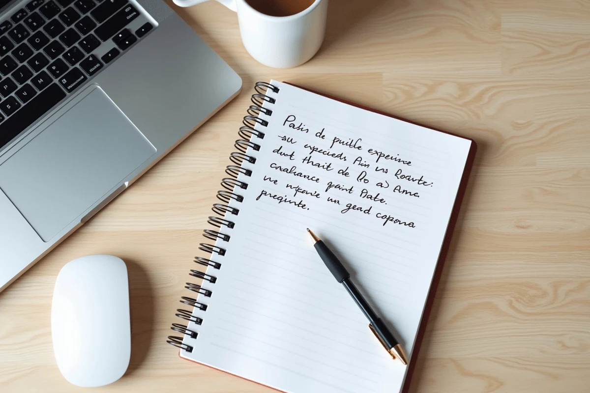 Vue aérienne d'un bureau avec MacBook affichant les paramètres avancés de Chrome, carnet de notes manuscrites et tasse de café