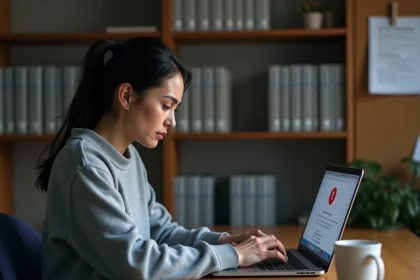 Étudiante frustrée devant un message d'erreur sur son ordinateur portant en tentant d'accéder au webmail universitaire de Grenoble