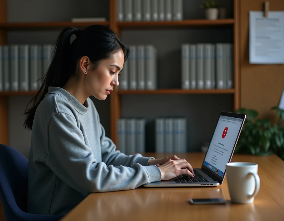 Étudiante frustrée devant un message d'erreur sur son ordinateur portant en tentant d'accéder au webmail universitaire de Grenoble