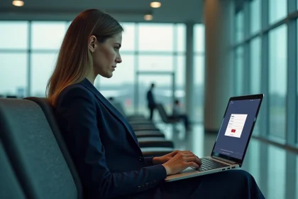 Femme professionnelle connectée à son webmail IONOS sur un ordinateur portable dans un aéroport