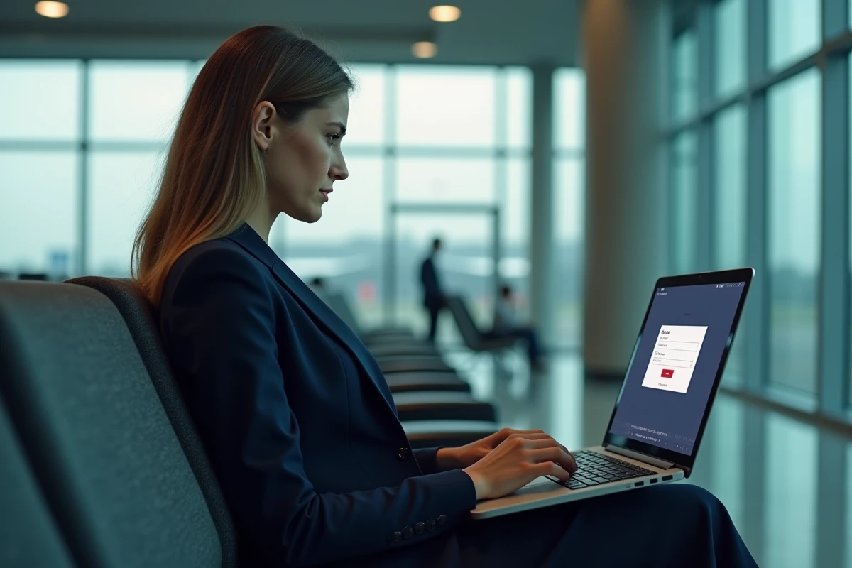 Femme professionnelle connectée à son webmail IONOS sur un ordinateur portable dans un aéroport