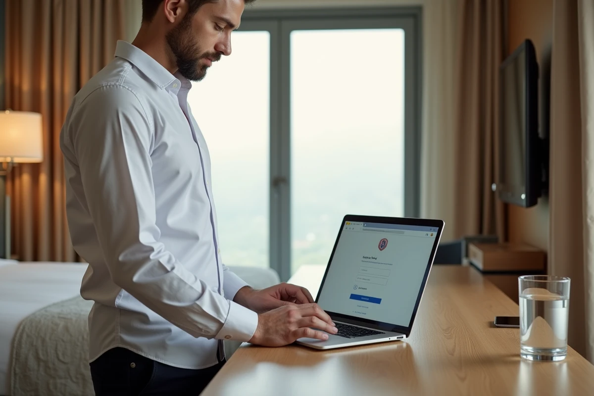 Homme consultant ses emails professionnels en toute sécurité depuis une chambre d'hôtel en déplacement