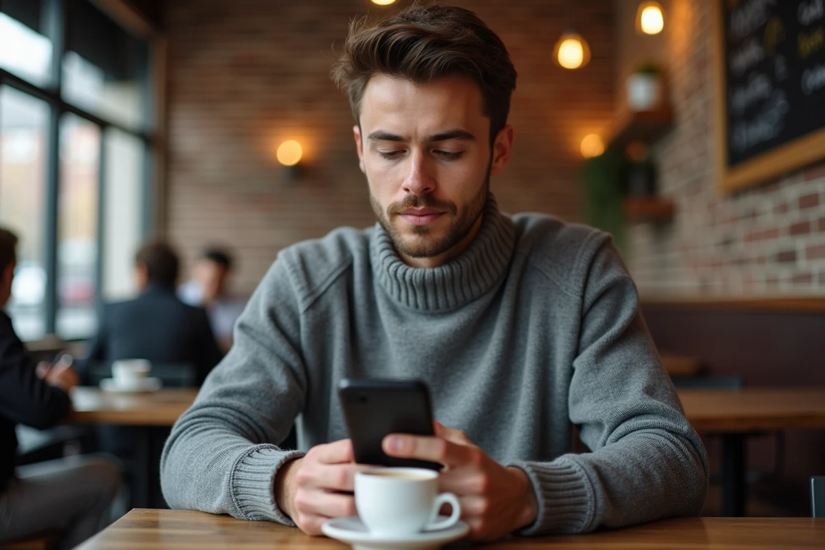 Jeune professionnel accédant à son webmail IONOS sur smartphone dans un café en déplacement