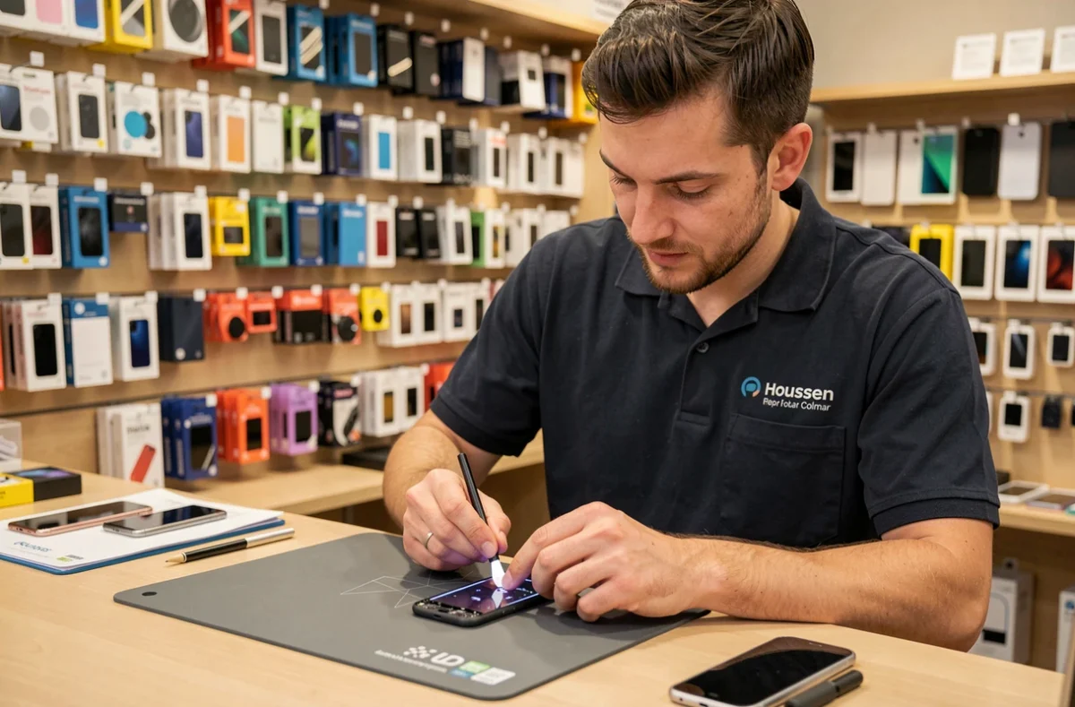 Point de service WeFix Houssen avec technicien réparant un smartphone sur un plan de travail anti-statique