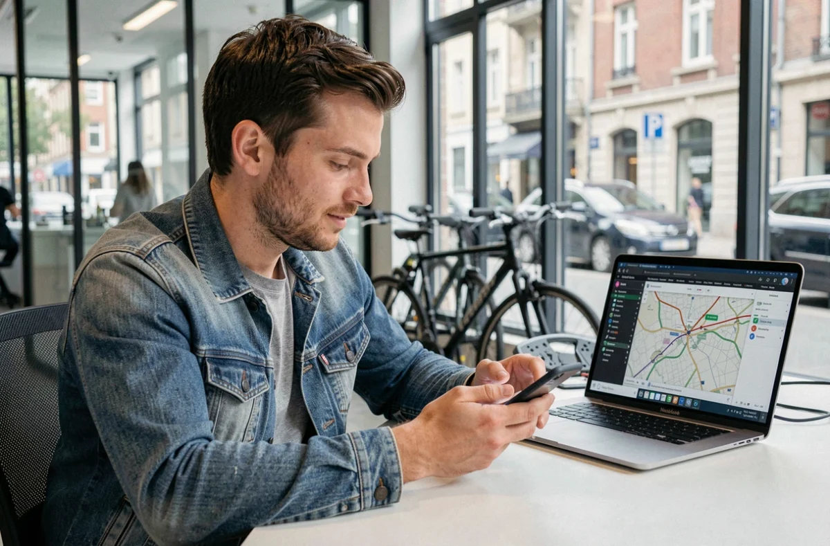 Développeur mobile masculin testant une application de mobilité sur smartphone dans les bureaux de Wemoov à Rennes, avec une carte de transports visible sur l'écran de l'ordinateur.