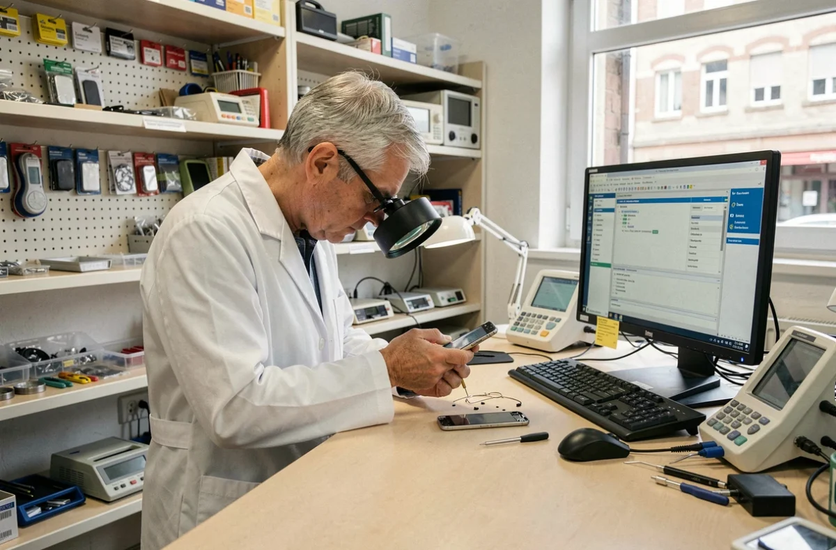 Technicien de Yes Électronique à Colmar inspectant les composants internes d'un smartphone avec une loupe